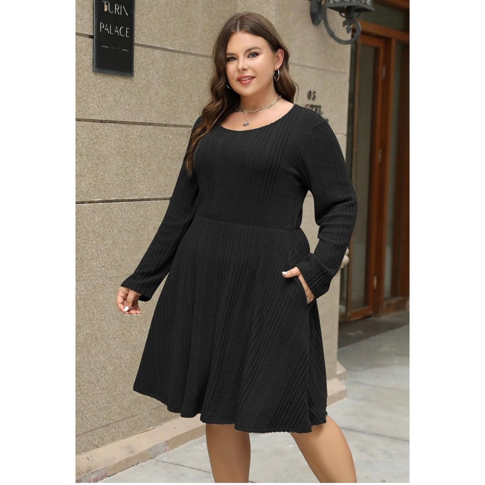 Nemidor Womens Plus Size 18 Scooped Neck Long Sleeve Ribbed Midi Swing Dress NEW